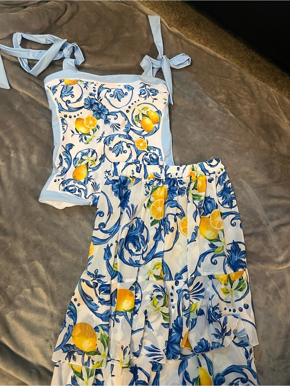 Blue & White Lemon-Print One-Piece Swimsuit with Tie Straps